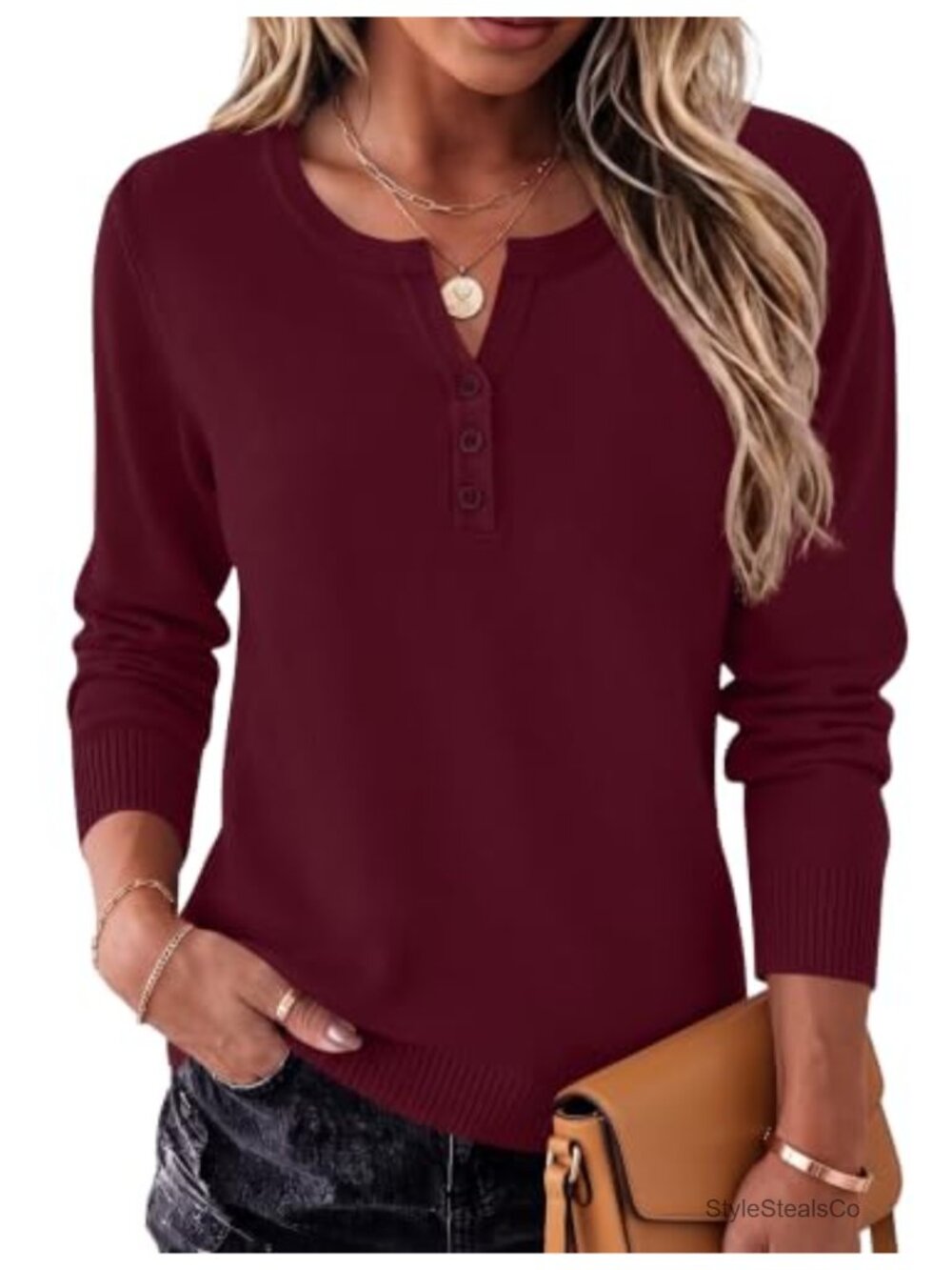 Wool Blend V Neck Long Sleeve Pullover Sweater with Button Henley Neck